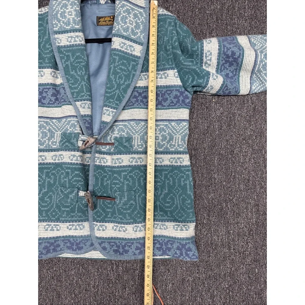 VTG Eddie Bauer Wool Barn Jacket Blanket Coat Womens Blue Navajo Tribal Aztec PS